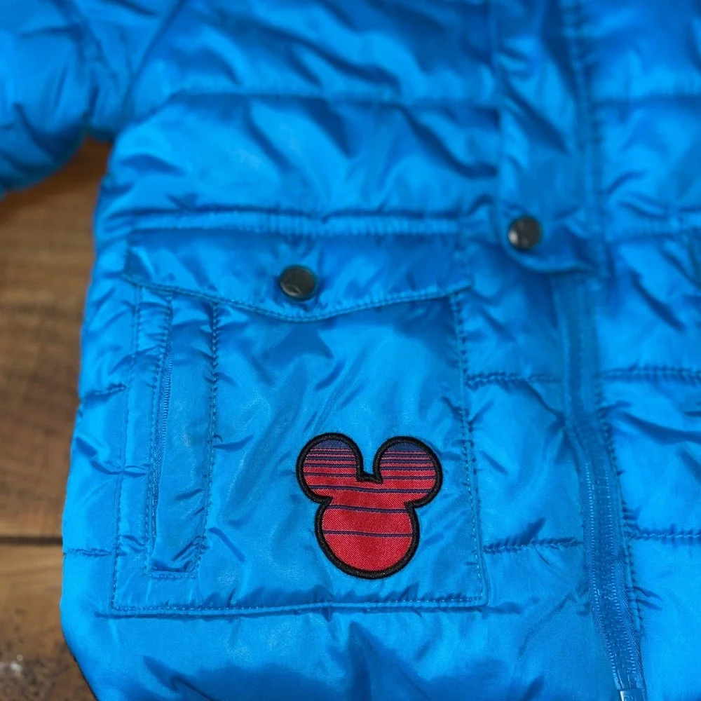 Disney Mickey Mouse Kids Blue Puffer Coat Patches Full Zip Hooded Size 4